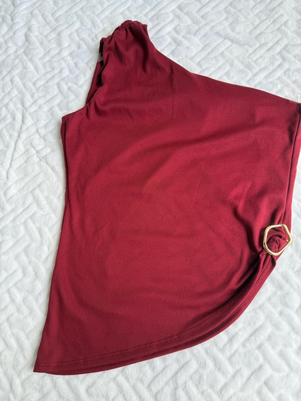 Asymmetric One-Shoulder Burgundy Top with Gold Ring
